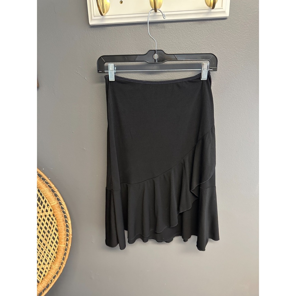 Vintage Wrapper Womens Skirt Y2K Size S Black Asymmetrical Ruffle Knee Length